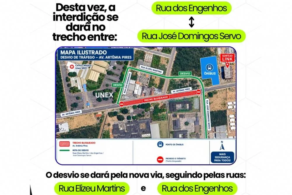 SMT informa nova interdição temporária na Avenida Artêmia Pires a partir desta terça-feira